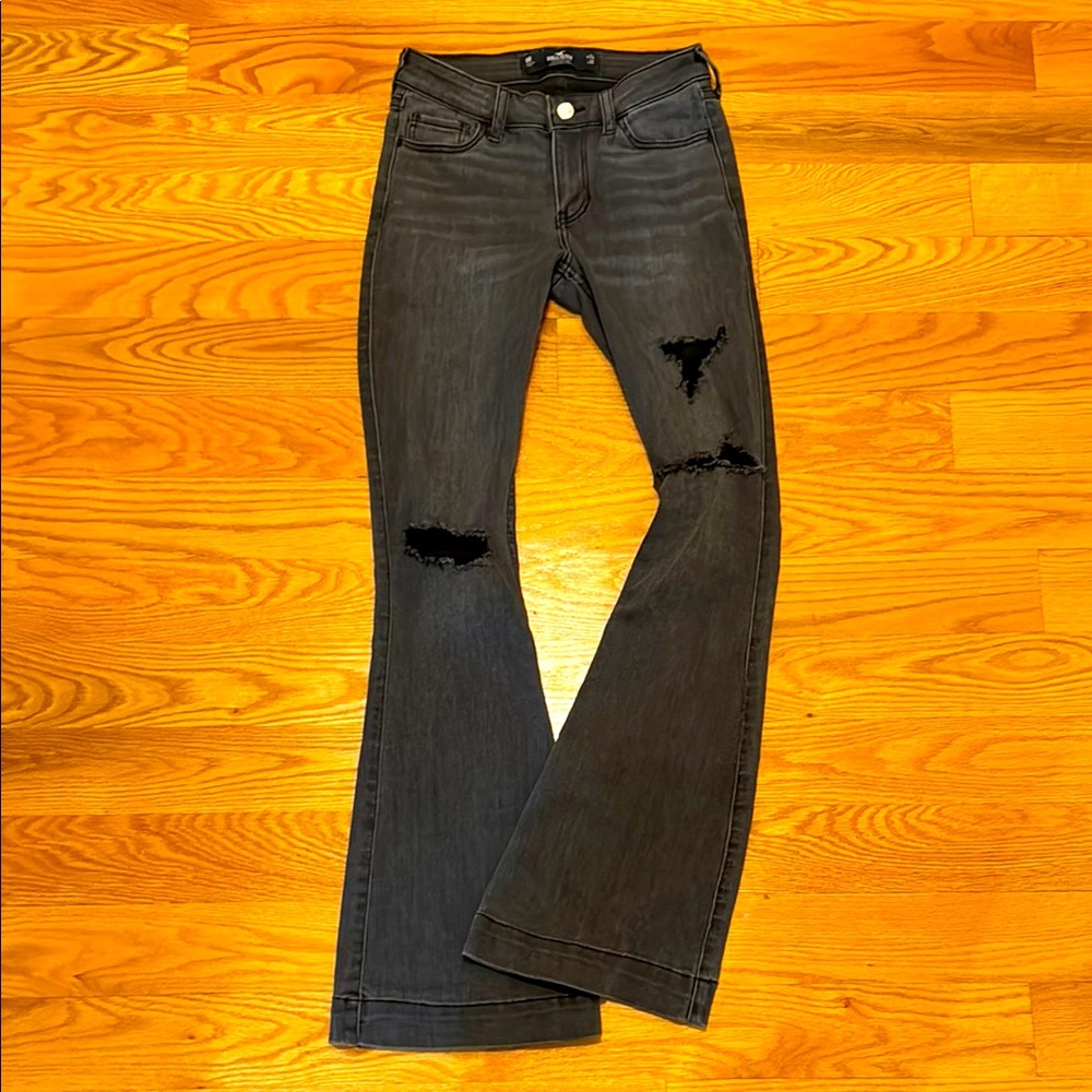Hollister Black Distressed Stretch Low Rise Flare Wide Leg Jeans sz 0